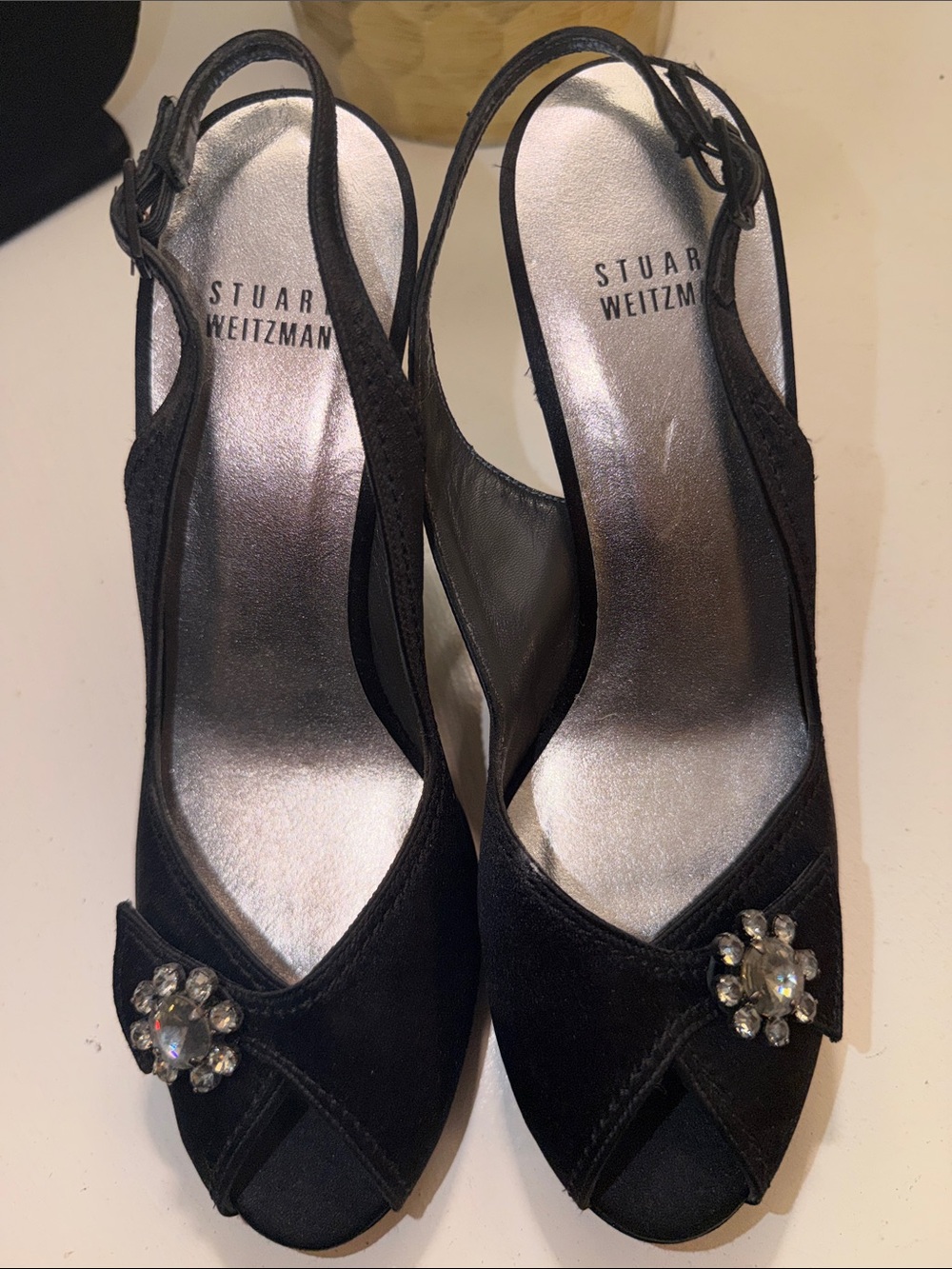 Stuart Weitzman satin Slingback Heels with Crystal Flower Accent